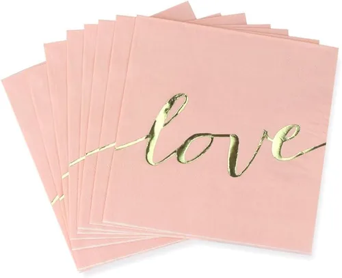 Miniatura 2 de Servilletas de papel rosas estampadas con letras de amor doradas brillantes, plegadas de 6.5 x 6.5 pulgadas, desplegadas de 13 x 13 pulgadas