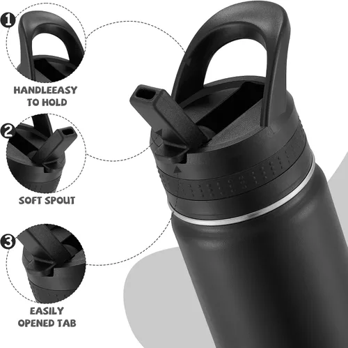 Miniatura 4 de 14 Oz Kids Water Bottle, Stainless Steel Water Bottle with Straws, Leak-Proof, BPA-Free, Insulated Water Bottles for School Boys & Girls Black