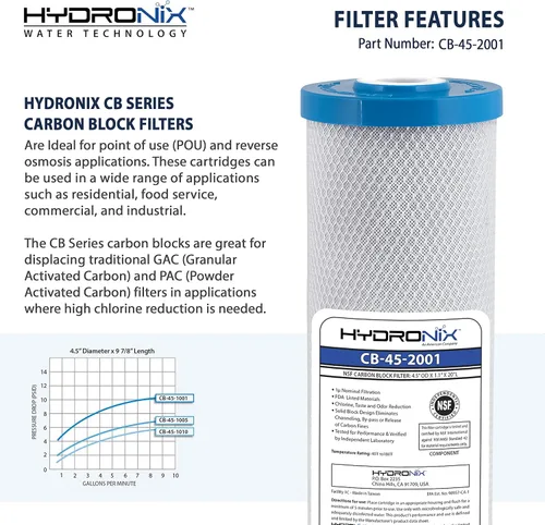 Miniatura 4 de Hydronix CB-45-2001/3 Cartucho universal de repuesto de filtro de agua para toda la casa de 4.5 x 20 pulgadas, NSF comercial e industrial, bloque