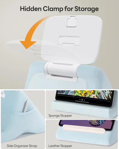 Miniatura 6 de SAIJI Soporte de almohada para tablet iPad mini soporte para Kindle para regazo en la cama, con elevador y clip multifunción ajustable en ángulo Azul