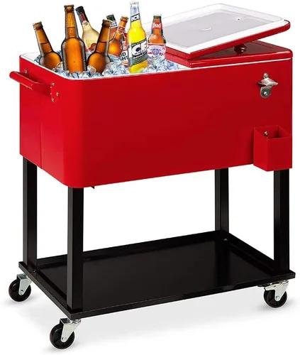 Miniatura 9 de SSLine Enfriador portátil para patio con ruedas, carrito de barra de bebidas frías al aire libre con estante de almacenamiento y abridor de Gris