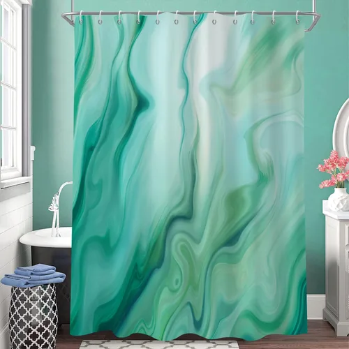 Cortina de ducha con diseño de mármol verde, verde azulado y blanco degradado, moderna, abstracta, de lujo, ondas, decoración del hogar, tela Nuevo