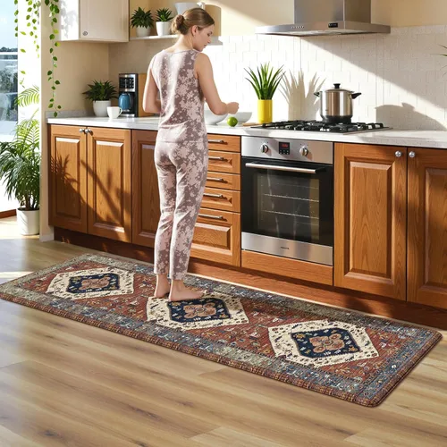 Miniatura 116 de KIMODE - Juego de 2 tapetes de cocina bohemios, antifatiga, antideslizantes, impermeables, ergonómicos, acolchados, cómodos, para lavandería, Caqui