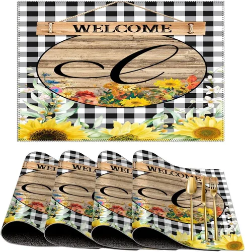 Miniatura 60 de Manteles individuales de bienvenida con diseño de girasol vintage con bandera R con inicial, 1 unidad, estilo granja, para mesa de comedor, cocina