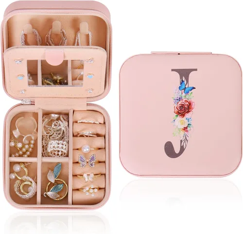 Joyero de viaje, pequeño joyero, regalos para mujeres y niñas, mini organizador de joyas portátil rosa para aretes, anillos, collares con inicial J