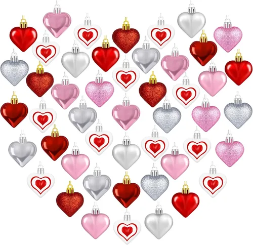 Miniatura 13 de 48 adornos para el día de San Valentín, decoraciones en forma de corazón rosa, 2 tamaños de bolas colgantes, adornos brillantes para boda