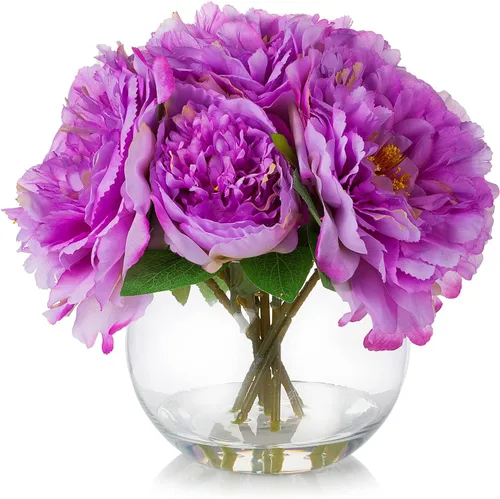 Miniatura 8 de ENOVA FLORAL Flor de peonía artificial con jarrón, arreglo de flores falsas, peonía sintética en jarrón de vidrio para decoración de cocina, oficina