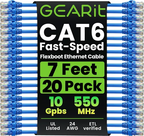 GEARit Paquete de 20 cables de conexión Cat6 de 7 pies, cable Ethernet Cat 6 sin enganches, flexible y suave, serie premium, color azul