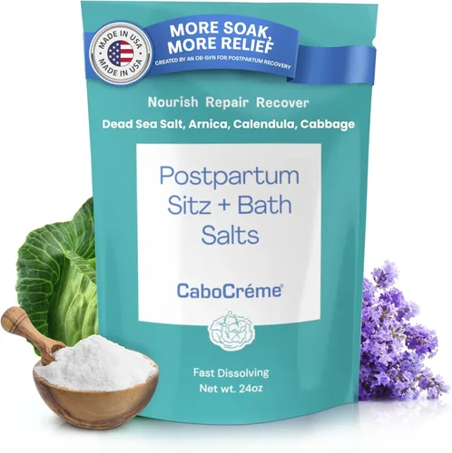 CaboCréme Sitz posparto + sales de baño, 24 onzas, baño posparto para cuidado perineal, lágrimas curativas, hinchazón y hemorroides, sal del mar