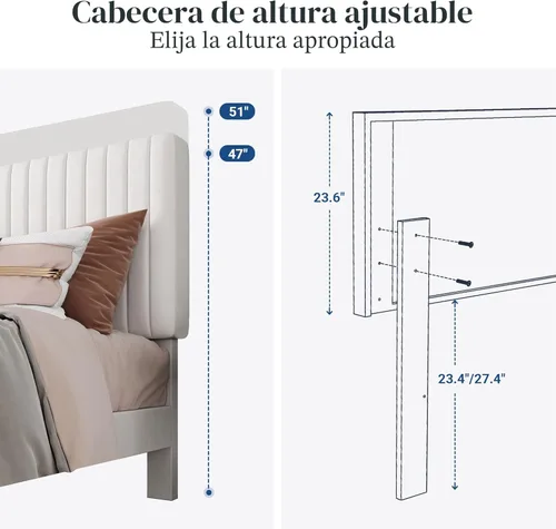 Miniatura 6 de Allewie Base de cama tamaño matrimonial, cama de plataforma tapizada de terciopelo con cabecera capitoné de canal vertical ajustable, base de Blanco