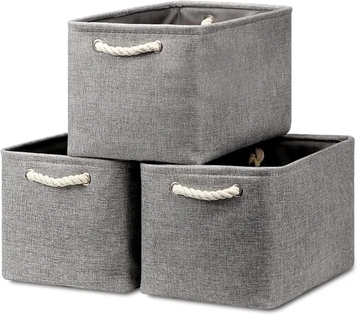 Miniatura 23 de HNZIGE Cestas organizadoras grandes de tela (3 unidades), canastas decorativas plegables con asas de cuero (crema, 15 x 11 x 9.5 pulgadas)