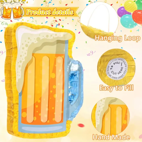 Miniatura 4 de Sratte Piñata de cerveza con palo y venda de los ojos con confeti, taza de vidrio para colgar, decoración mexicana para cumpleaños, despedida