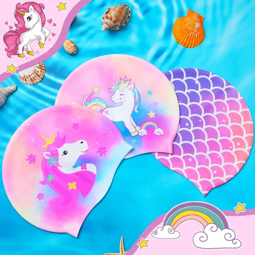 Miniatura 5 de Syhood Gorras de natación para niños, 3 unidades, impermeables, gorro de natación de dibujos animados para cabello largo y corto, para niños y niñas