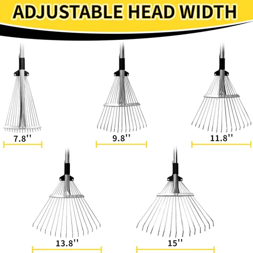 Miniatura 5 de Rastrillo de jardín para hojas, rastrillo de hojas ajustable de metal resistente para césped, mango largo de 33 a 69 pulgadas con cabeza expandible