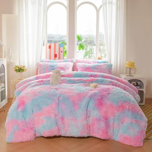 Miniatura 3 de Juego de edredón de piel sintética para niños y niñas, color morado y arcoíris, tamaño individual/matrimonial, juego de cama de 3 piezas, cálido