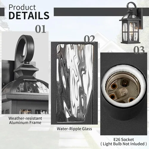 Miniatura 5 de Darkaway Lámpara de pared exterior con vidrio ondulado de agua, luces exteriores de aluminio, apliques de iluminación exterior para casa, porche