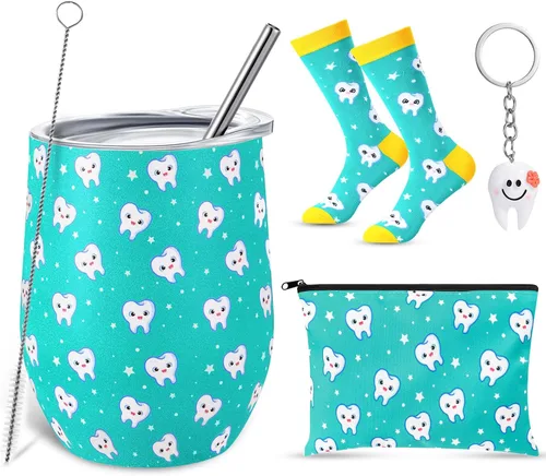 Miniatura 9 de Sliner Cna Week - Juego de 4 regalos para asistente dental higienista de 12 onzas, vaso de acero inoxidable con dientes azules, bolsa de cosméticos