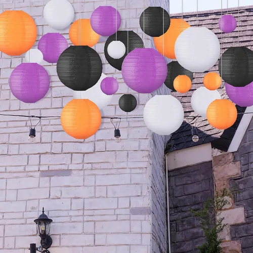 Miniatura 5 de VIHOSE 16 linternas de papel colgantes de Halloween, linternas de papel redondas, decorativas, naranja, morado, negro, blanco, para Halloween
