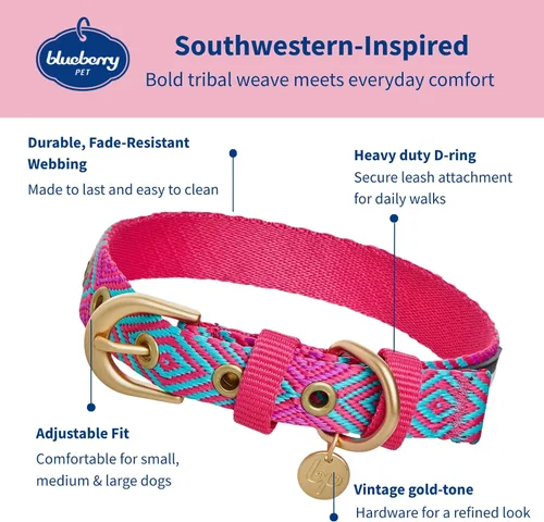 Miniatura 3 de Blueberry Pet - Collar ajustable para perro con forma de diamantes tribales del sudoeste en francés rosa con hebilla de metal, cuello 9-12.5