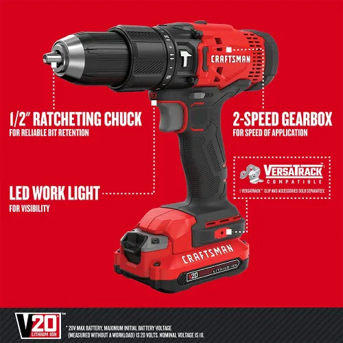 Miniatura 2 de CRAFTSMAN V20 Kit de taladro de martillo inalámbrico, 1/2 pulgada, 2 baterías y cargador incluidos (CMCD711C2)