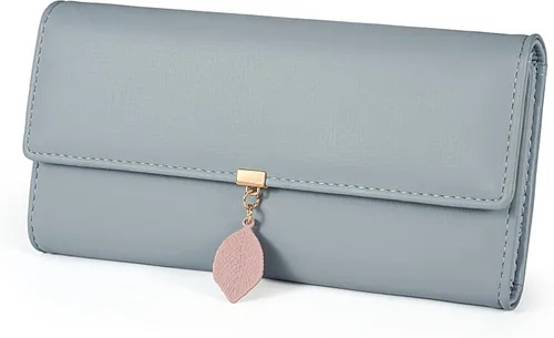 Miniatura 101 de UTO - Cartera pequeña RFID de piel sintética con dije de hoja, cierre de cremallera y tarjetero.
