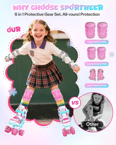 Miniatura 3 de Sportneer - Patines de ruedas para niños con juego de protección, patines ajustables para niñas en 4 tallas con 8 ruedas LED brillantes, patines