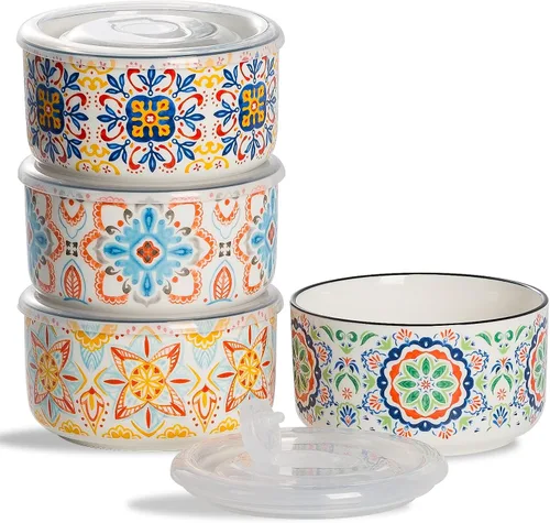 Miniatura 8 de Cuenco de cerámica con tapa, apto para microondas, juego de 4 Food Storage Containers for Soup, Meal Prep, Cereal, Salad Leftovers - Picnic