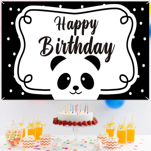 Miniatura 6 de Cartel de feliz cumpleaños de panda lindo telón de fondo blanco y negro oso animales zoológico decoración temática decoración para fiesta