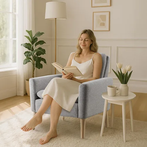 Miniatura 8 de Juego de 2 sillas decorativas para sala de estar, silla de lectura cómoda tapizada de tela, sillón moderno de mediados de siglo para dormitorio, Gris