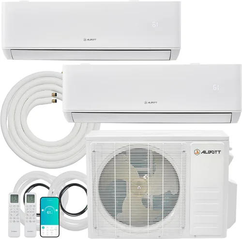 Albott Mini Split AC/Sistema de calefacción, 20,000 BTU ODU, 25 SEER2 2 Zonas 9K+9K BTU Inverter Bomba de calor sin conductos, WiFi habilitado con