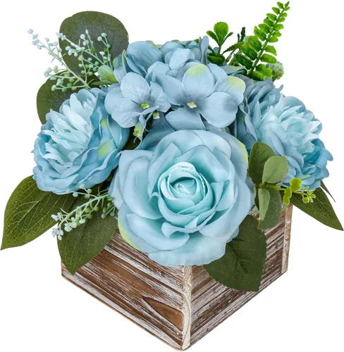 Miniatura 18 de DILATATA Arreglo floral con jarrón de madera, flores artificiales de 10 pulgadas en maceta, flores falsas en jarrón rectangular de madera blanco