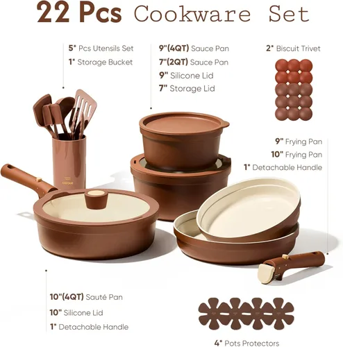 Miniatura 11 de CAROTE Juego de 22 utensilios de cocina de cerámica, juego de ollas y sartenes antiadherentes, asas extraíbles no tóxicas, aptos