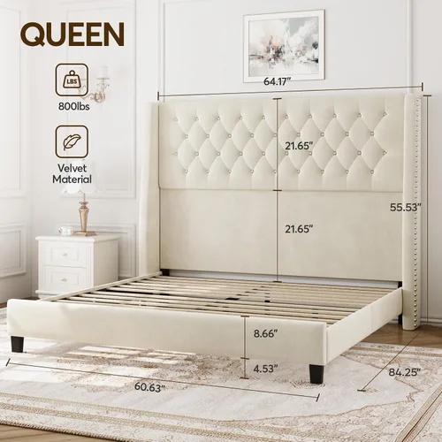 Miniatura 2 de Base de cama tamaño Queen con cabecera de 140 cm de altura, somier tapizado, tela suave, cabecera acolchada con botones y respaldo, cama con Beige