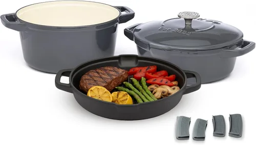 NATIVO Juego de utensilios de cocina apilables de hierro fundido de 5 piezas, horno holandés esmaltado versátil, sartén sazonada y estofador de Gris