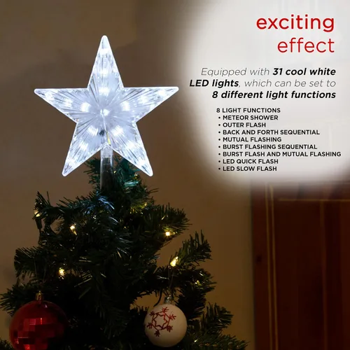 Miniatura 4 de Alpine Corporation Decoración de árbol de estrella de 8 pulgadas con 5 puntos con 31 luces LED blancas frías, decoración navideña