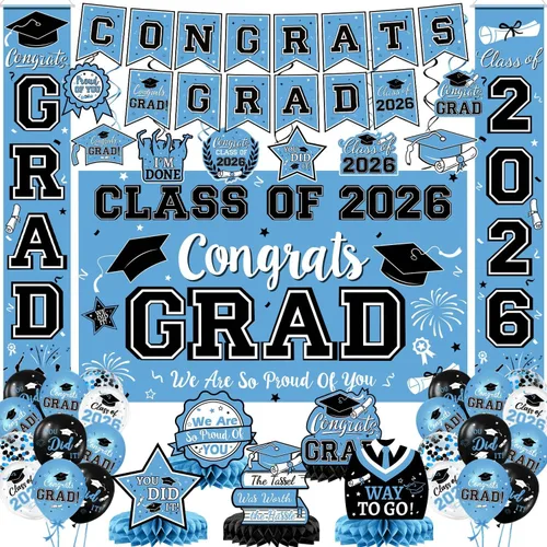 Miniatura 23 de Decoraciones de graduación 2026, juego de decoraciones de graduación rojo y negro con pancarta y telón de fondo de felicitaciones, letrero