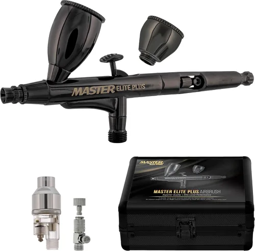 Master Elite Plus Juego de aerógrafo, Modelo 120 - Kit de aerógrafo de nivel Elite de doble acción con alimentación por gravedad, punta de 0,3 mm, 2
