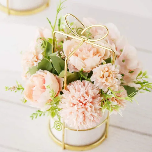 Miniatura 4 de KIRIFLY Flores artificiales falsas en jarrón, peonía sintética, hortensias de seda, centros de mesa para decoración de mesa de boda (rosa en dorado)