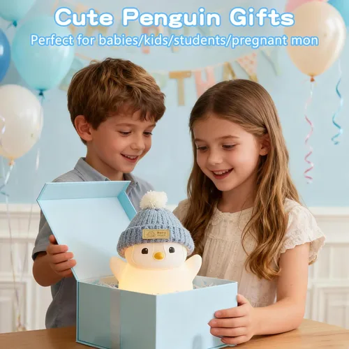 Miniatura 6 de FAMIDUO Luz nocturna de pingüino para niños, adorable lámpara de pingüino con sombrero, luz nocturna de silicona de grado alimenticio, recargable