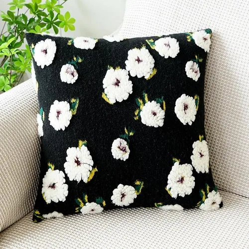 Miniatura 2 de Funda de almohada de forro polar bereber de gamuza de camelia, funda de cojín tridimensional con flores para sala de estar, sofá, oficina, Negro