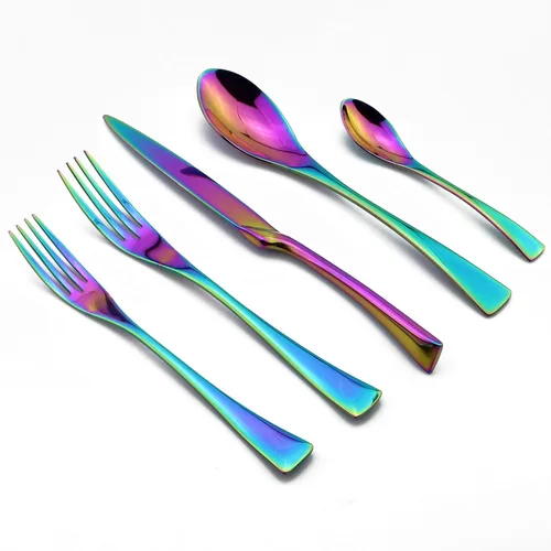 Miniatura 3 de Juego de cubiertos de arco iris colorido de 5 piezas, juego de cuchillos de cena de acero inoxidable 18/10, pulido de espejo, servicio para 1