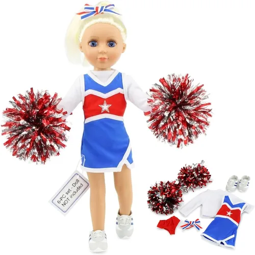 Emily Rose Conjunto completo de 6 piezas de animadora de 14 pulgadas con pompones y zapatos de gimnasio | lazo para el pelo y camiseta a juego | Se