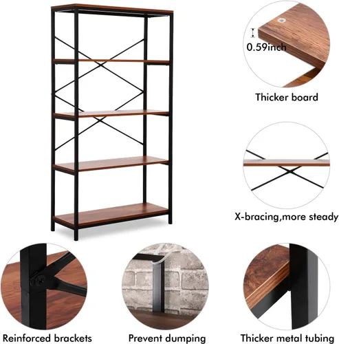 Miniatura 4 de BATHWA Estantería alta, estantería abierta moderna y ancha para libros, estantería industrial de metal de madera, estantería de muebles, estantería