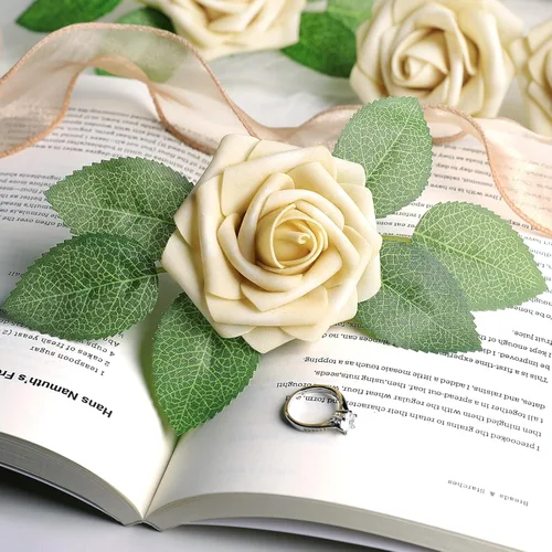 Miniatura 7 de AmyHomie 25 rosas artificiales beige de aspecto real con tallo para ramos de boda, centros de mesa, arreglos de fiesta, baby shower, día de San