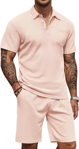 Miniatura 22 de COOFANDY Conjunto de camisa polo y pantalones cortos de punto gofre para hombre, conjunto de 2 piezas, traje de verano casual con bolsillos