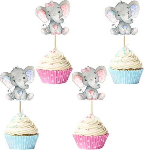 24 piezas de decoración para cupcakes de elefante rosa y azul, para decoración de fiesta de cumpleaños, baby shower, niños, niños o niñas,