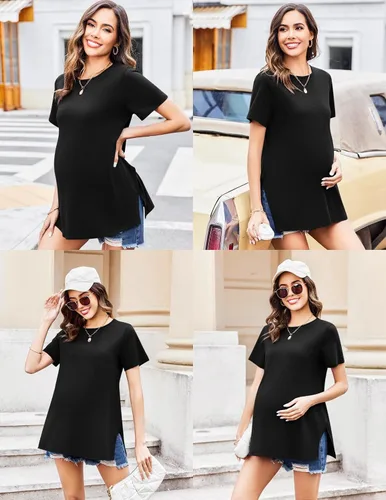 Miniatura 2 de Ekouaer Camisas de maternidad para mujer, manga corta, blusas de embarazo con abertura lateral, casual, cuello redondo, túnica para embarazadas