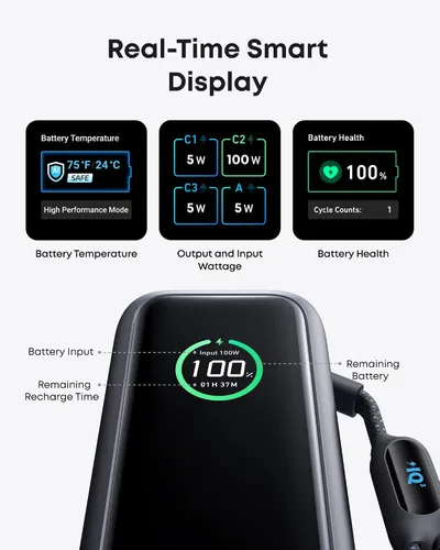 Miniatura 6 de Anker Batería portátil para laptop, cargador portátil de 25,000 mAh con triples puertos USB-C de 100W, cables retráctiles incorporados, aprobado