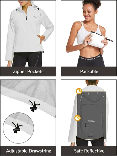 Miniatura 6 de BALEAF Chaquetas impermeables para mujer, cortavientos resistentes, para correr, ligeras, reflectantes, plegables, con capucha