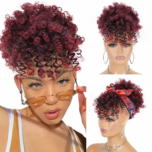 Miniatura 16 de Cola de caballo con cordón para mujeres negras Afro Puff Cola de caballo con cordón con flequillo Cola de caballo corta crespa y rizada Moño cola